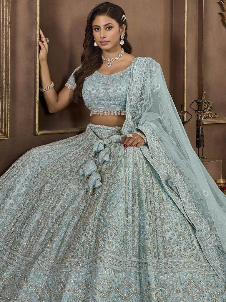 Awesome Sky - Blue Embroidered Net Wedding Wear Lehenga Choli - Ethnic Plus In