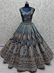 Awesome Teal Blue Embroidered Velvet Bridal Lehenga Choli With Dupatta - Ethnic Plus In