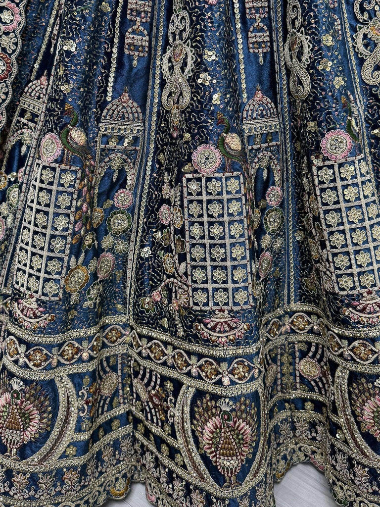 Awesome Teal Blue Embroidered Velvet Bridal Lehenga Choli With Dupatta - Ethnic Plus In