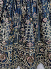 Awesome Teal Blue Embroidered Velvet Bridal Lehenga Choli With Dupatta - Ethnic Plus In