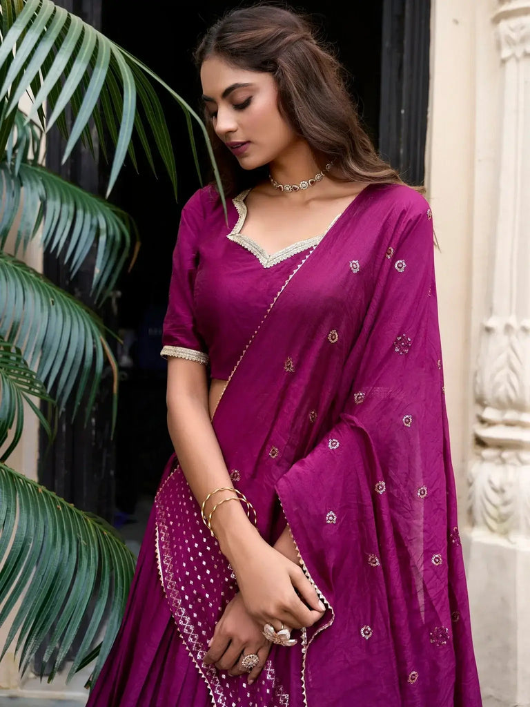 Awesome Wine Zari Weaving Chanderi Silk Festive Wear Lehenga Choli - Ethnic Plus In