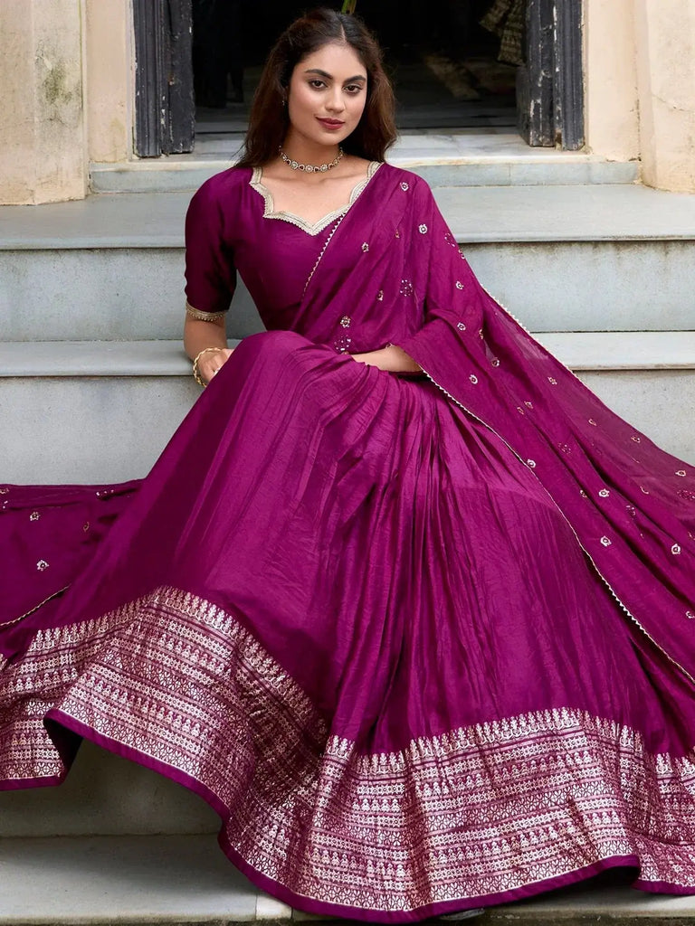 Awesome Wine Zari Weaving Chanderi Silk Festive Wear Lehenga Choli - Ethnic Plus In