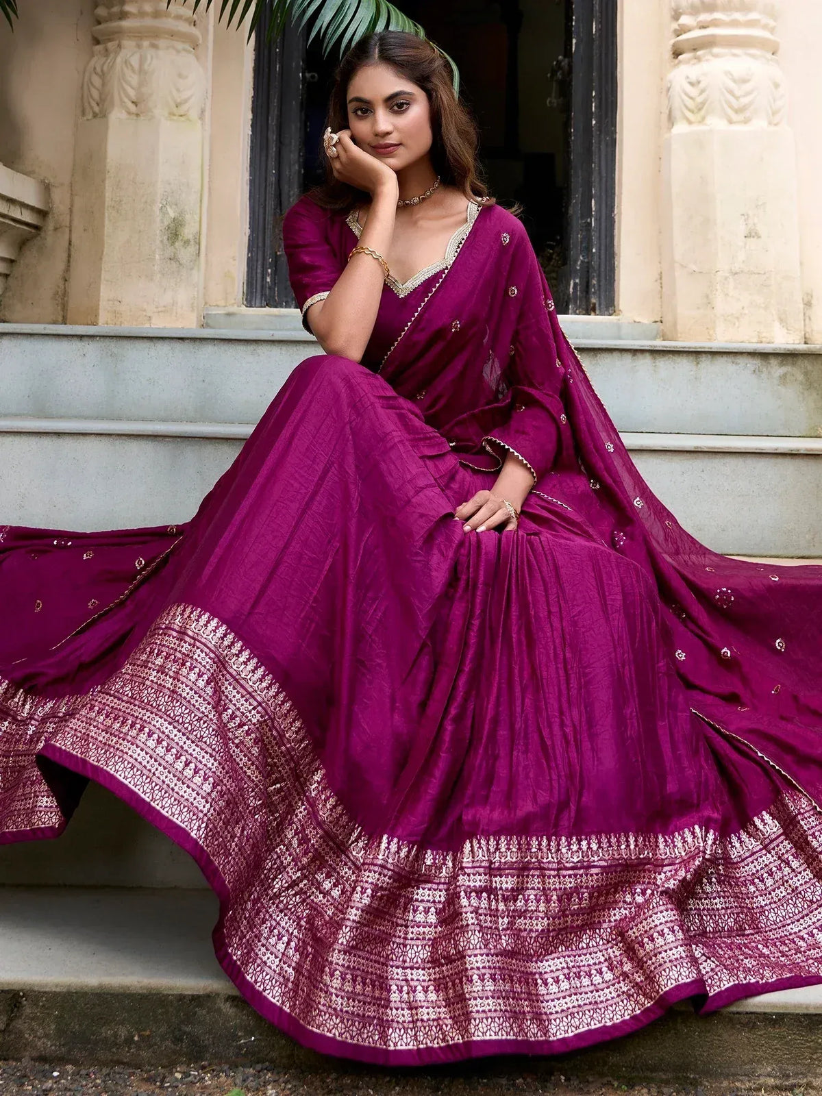 Elegant purple lehenga choli with gold embroidery, perfect for Indian ethnic wear and festive occasions.