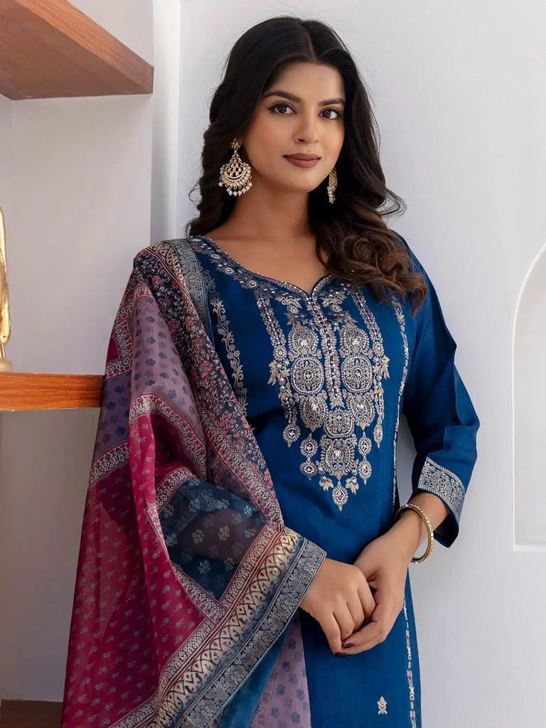 Awesome Blue Zari Weaving Jacquard Traditional Pant Suit With Dupatta