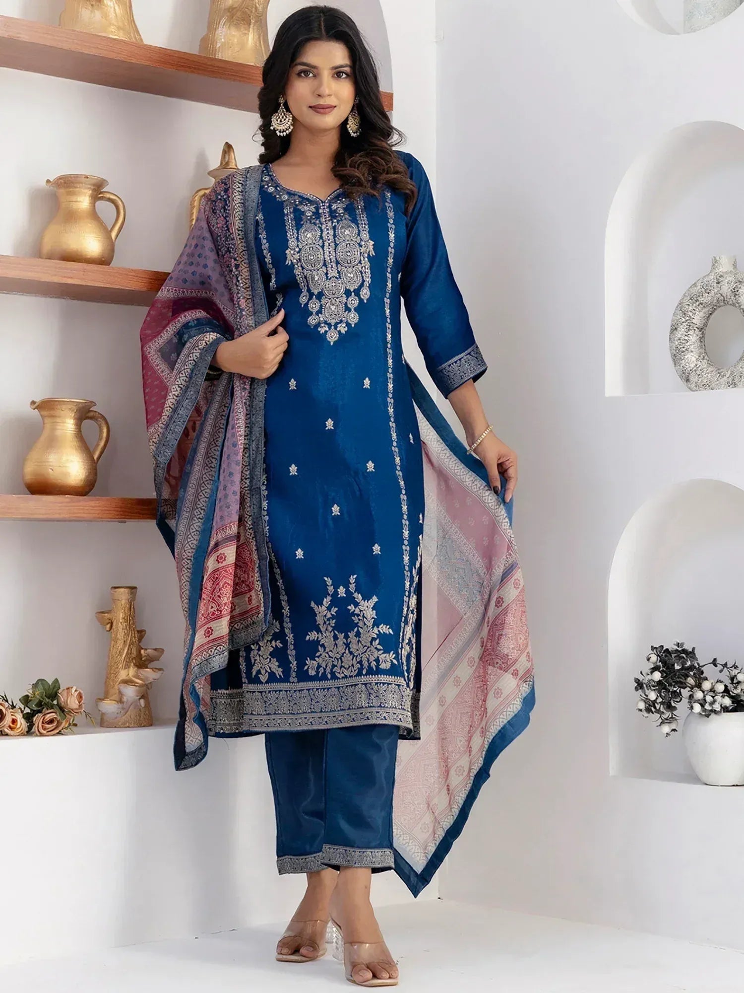 Blue embroidered salwar kameez with printed dupatta, ethnic Indian wear for women