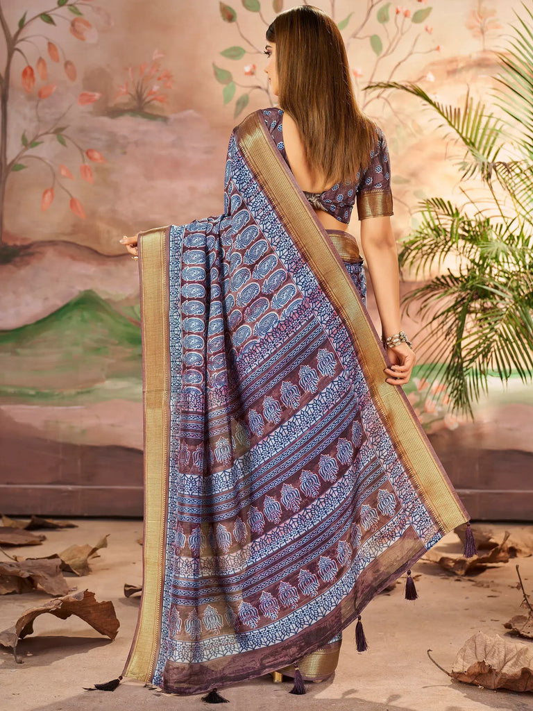 Awesome Purple Printed Dola Silk Festival Wear Saree With Blouse