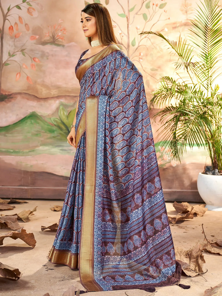 Awesome Purple Printed Dola Silk Festival Wear Saree With Blouse