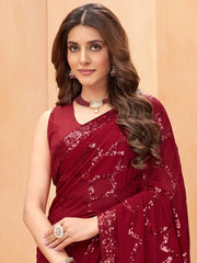 Gorgeous Maroon Sequins Georgette Wedding Wear Saree With Blouse