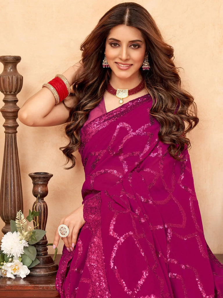 Incredible Magenta Sequins Georgette Party Wear Saree With Blouse