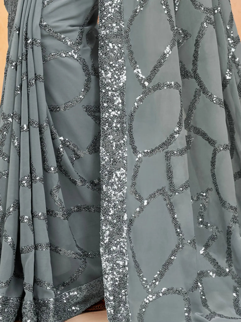 Awesome Grey Sequins Georgette Cocktail Party Wear Saree With Blouse