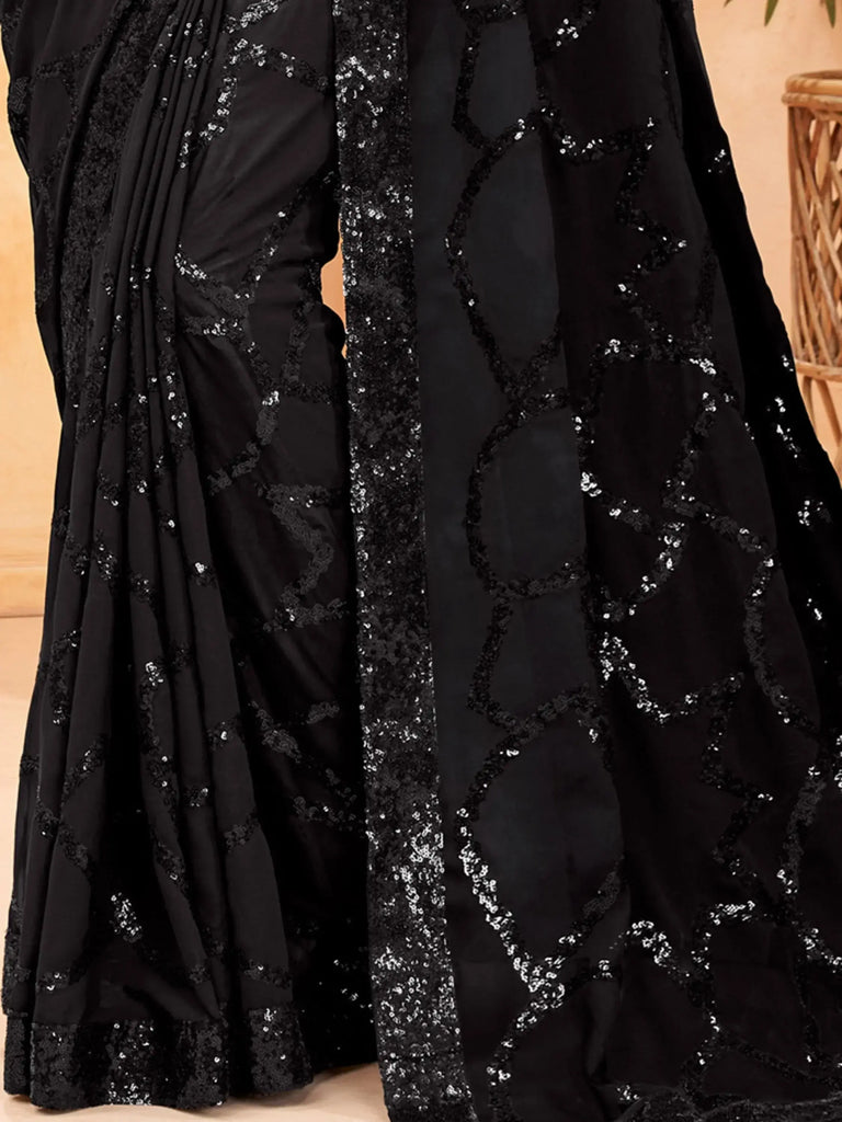Fabulous Black Sequins Georgette Reception Wear Saree With Blouse