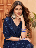 Stunning Navy Blue Sequins Georgette Party Wear Saree With Blouse