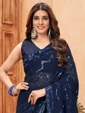 Stunning Navy Blue Sequins Georgette Party Wear Saree With Blouse