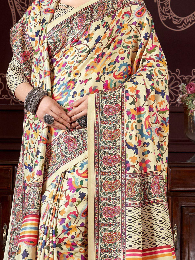 Wonderful Cream Printed Pashmina Festival Wear Saree With Shawl