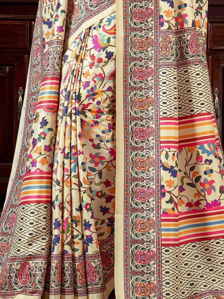 Wonderful Cream Printed Pashmina Festival Wear Saree With Shawl
