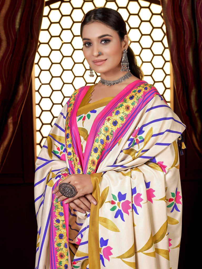 Attractive Off-White Printed Pashmina Traditional Saree With Shawl