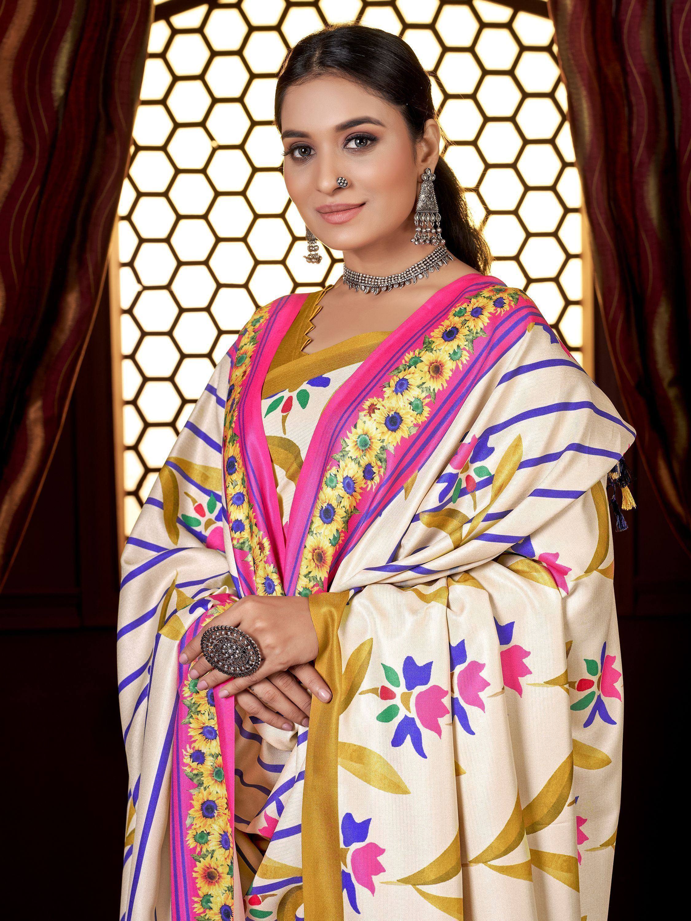 Woman in floral printed saree with sunflower border, ethnic Indian wear, traditional jewelry