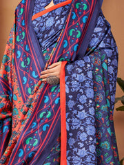 Awesome Navy Blue Printed Pashmina Event Wear Saree With Shawl