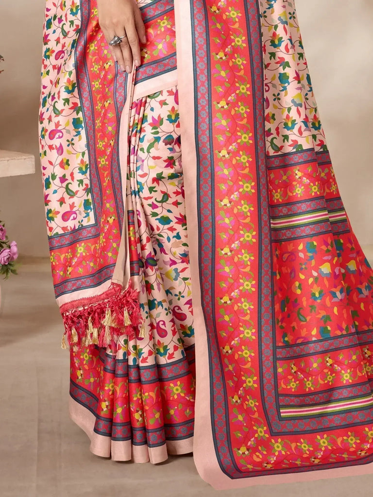 Beautiful Peach Printed Pashmina Traditional Saree With Shawl