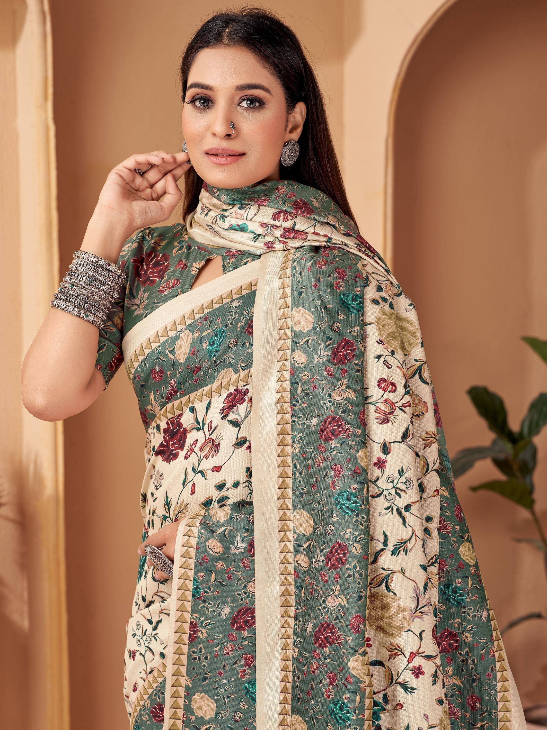 Floral print saree with green and cream design, ethnic wear for women