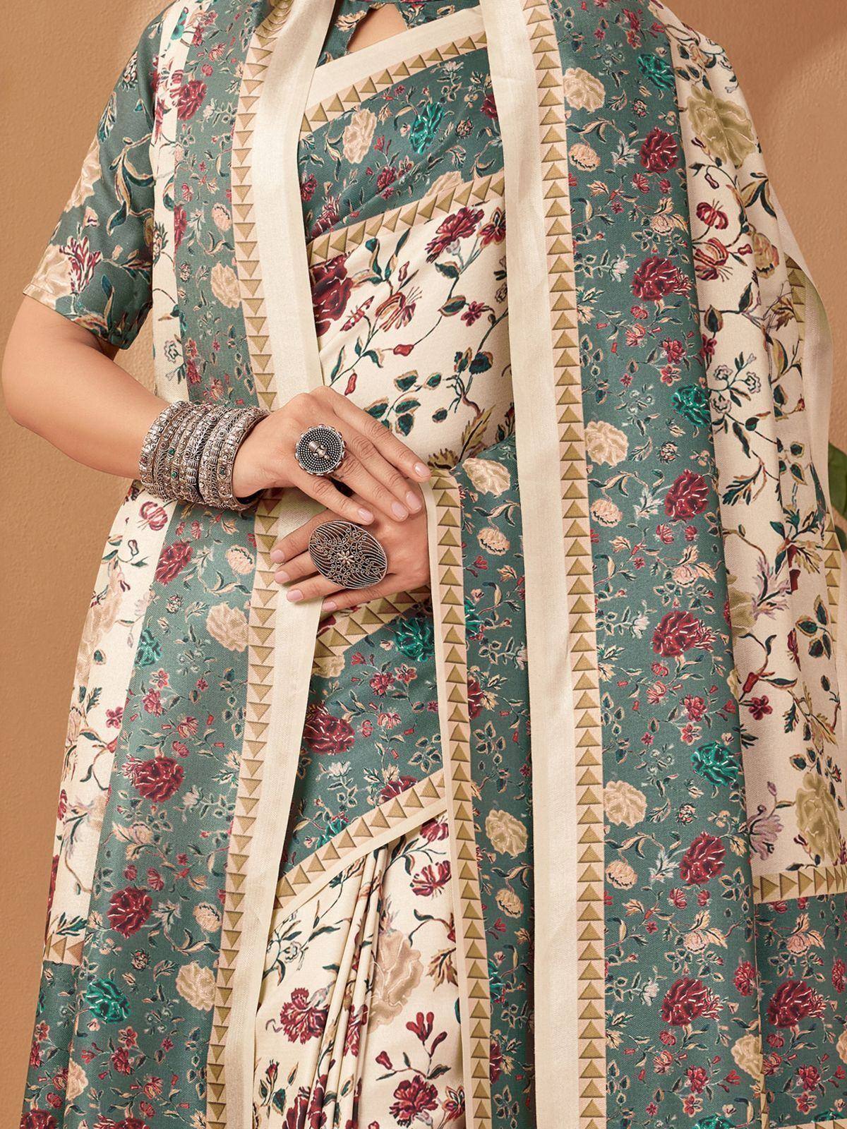 Floral print saree with geometric border, ethnic Indian wear, designer blouse, traditional jewelry