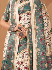 Stunning Off-White Floral Printed Pashmina Saree With Shawl