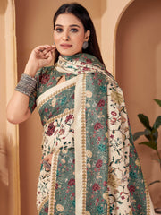 Stunning Off-White Floral Printed Pashmina Saree With Shawl