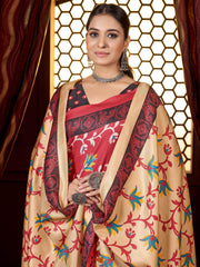 Amazing Red Printed Pashmina Event Wear Saree With Shawl