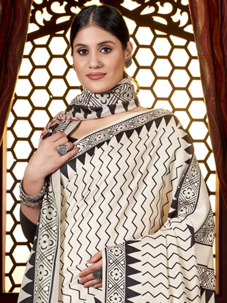 Amazing Off-White Digital Printed Pashmina Event Wear Saree With Shawl
