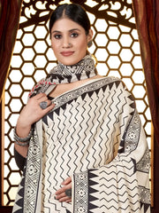 Amazing Off-White Digital Printed Pashmina Event Wear Saree With Shawl