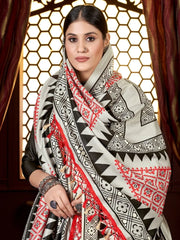 Amazing Off-White Digital Printed Pashmina Event Wear Saree With Shawl