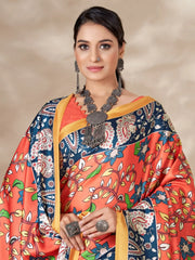 Marvelous Orange Digital Printed Pashmina Traditional Saree With Shawl