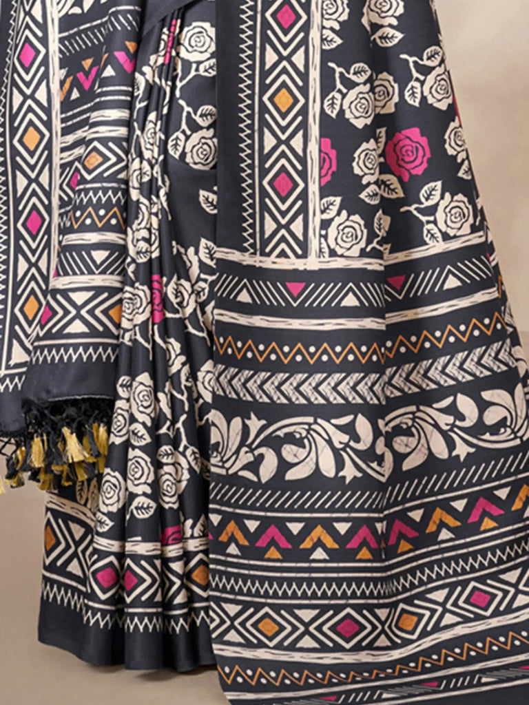 Beautiful Black Digital Printed Pashmina Festival Wear Saree With Shawl
