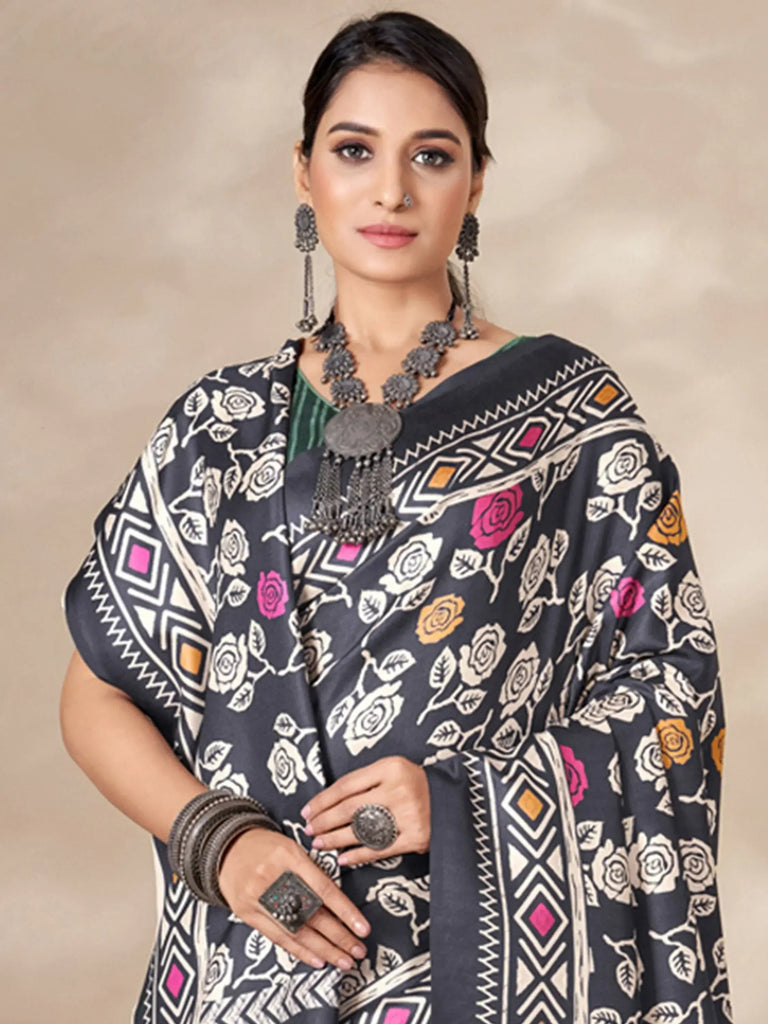 Beautiful Black Digital Printed Pashmina Festival Wear Saree With Shawl