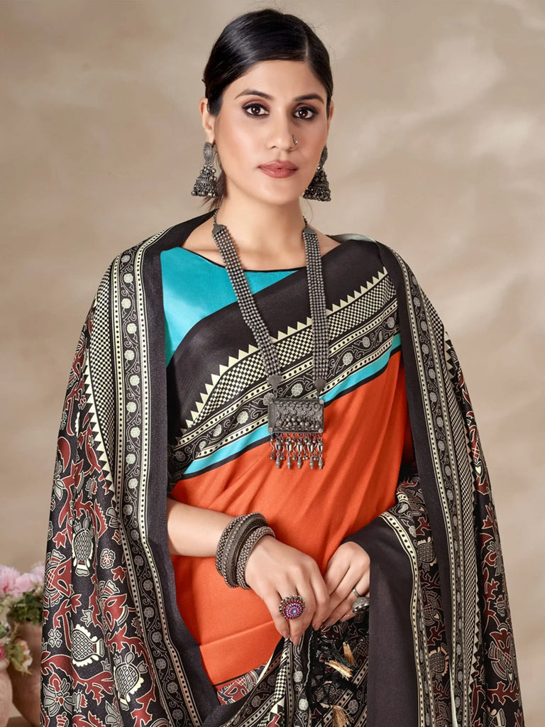 Attractive Orange Digital Printed Pashmina Winter Wear Saree With Shawl