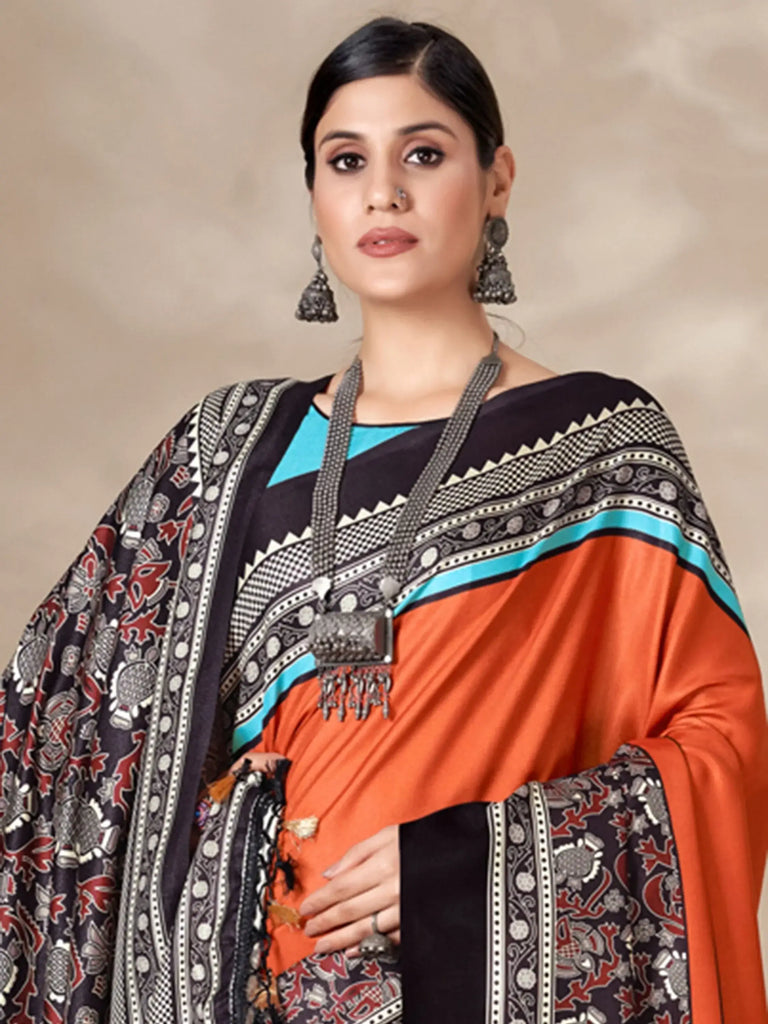 Attractive Orange Digital Printed Pashmina Winter Wear Saree With Shawl