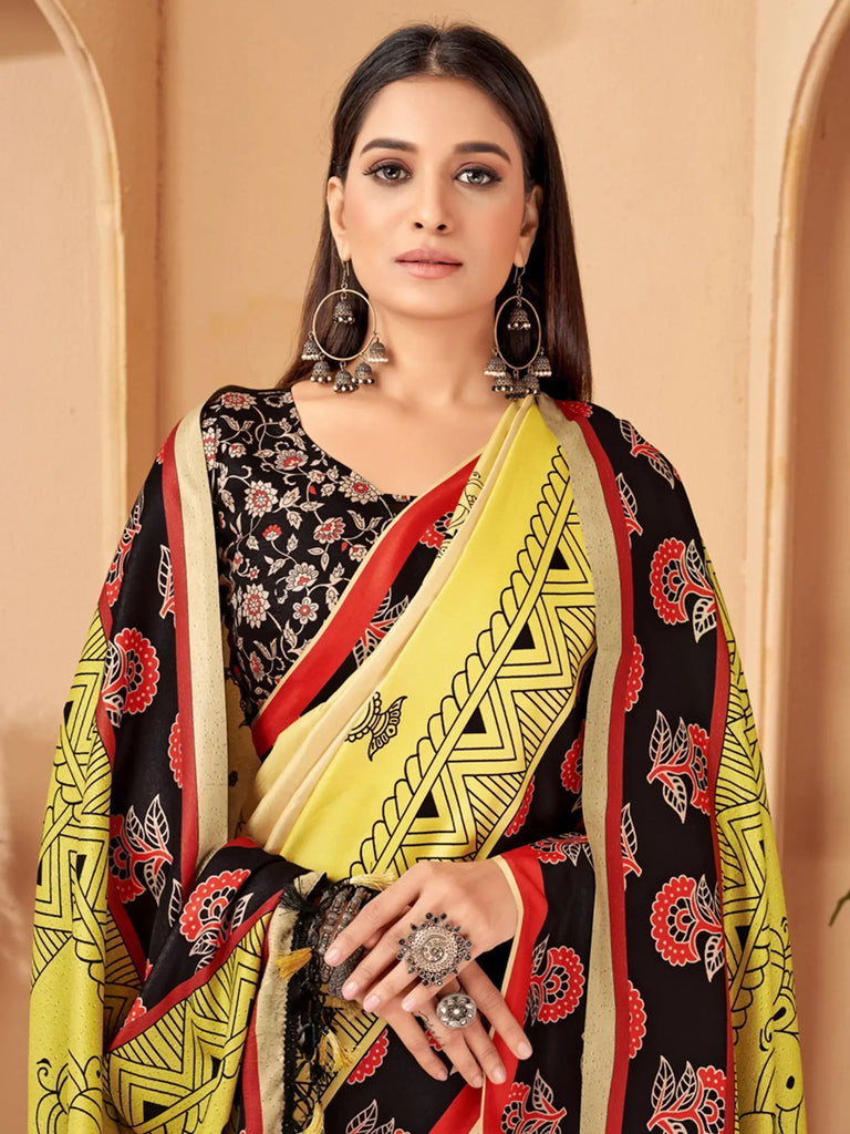 Charming Yellow Digital Printed Pashmina Traditional Saree With Shawl