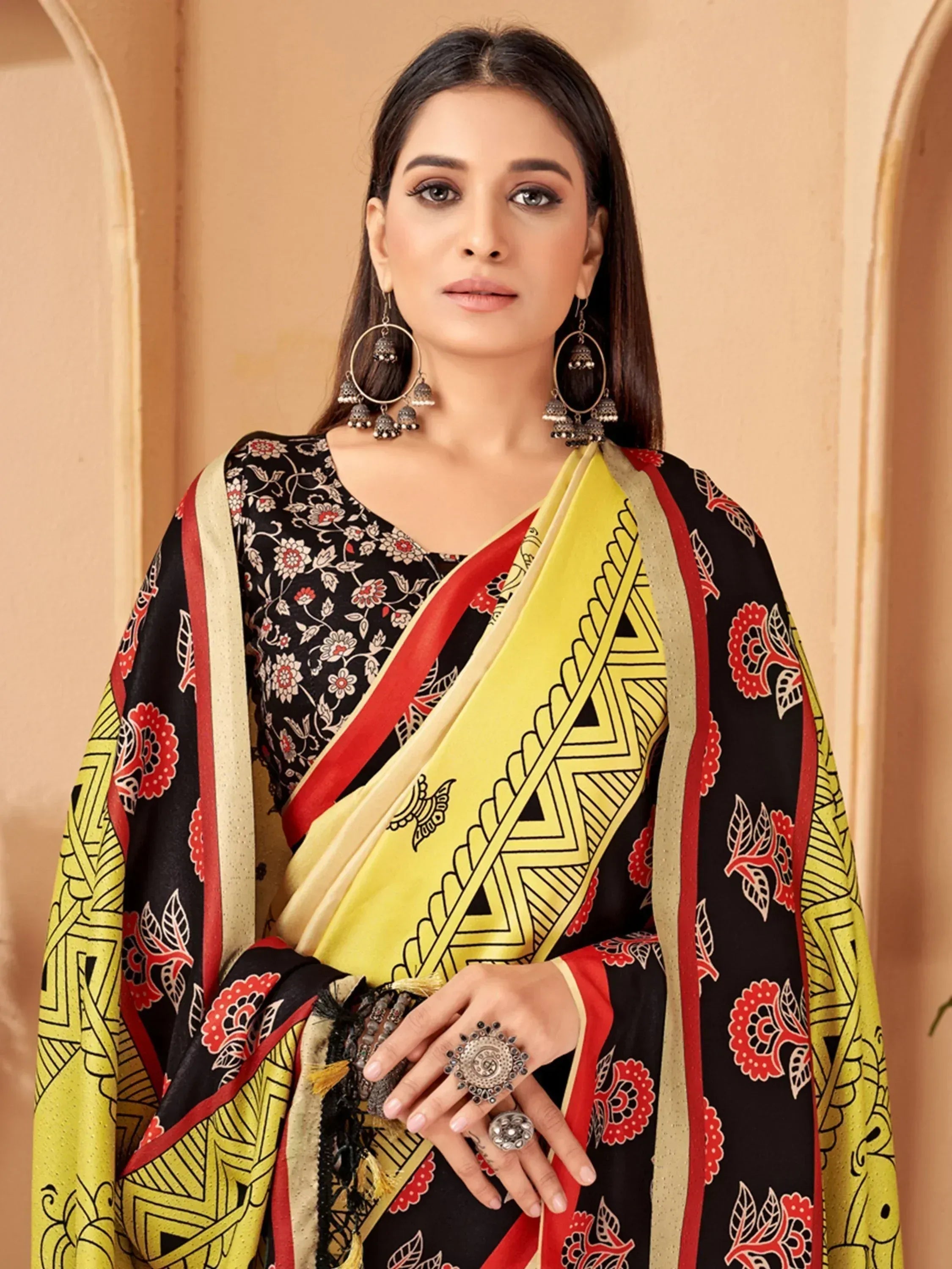 Black floral printed salwar kameez with yellow geometric dupatta, ethnic Indian wear