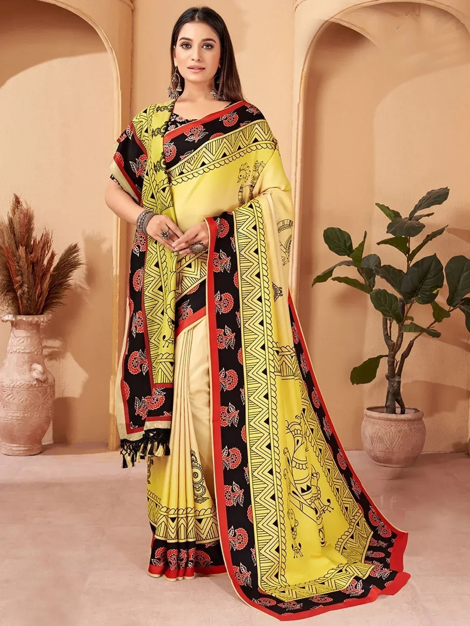 Yellow and black printed saree with red border, ethnic wear for women, traditional Indian fashion