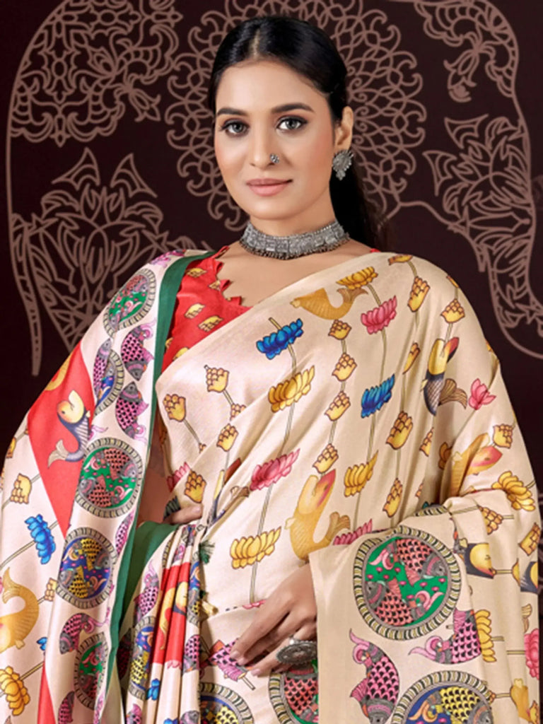 Attractive Cream Digital Printed Pashmina Festival Wear Saree With Shawl