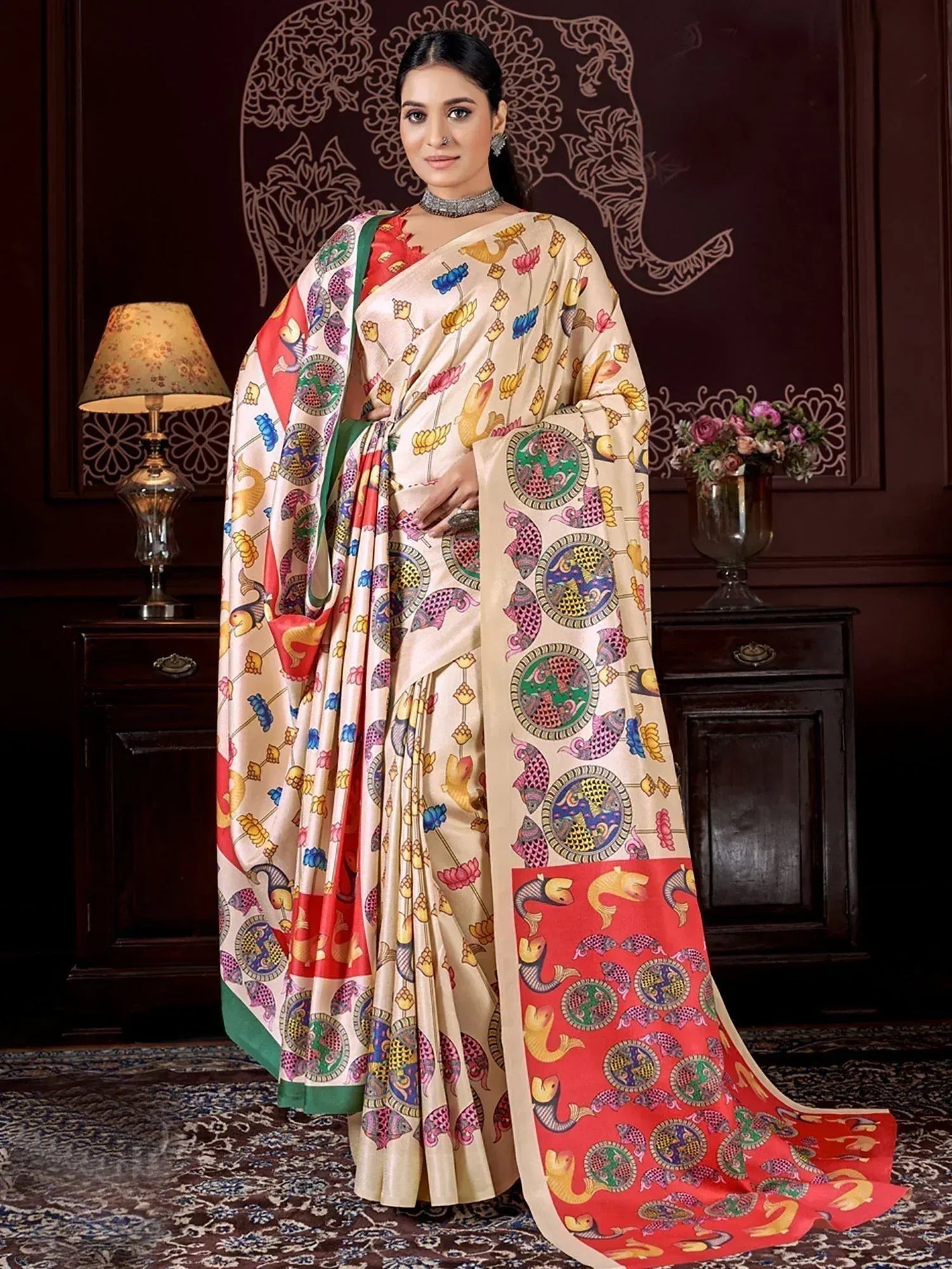 Elegant Indian saree with colorful fish and floral patterns, perfect for festive occasions