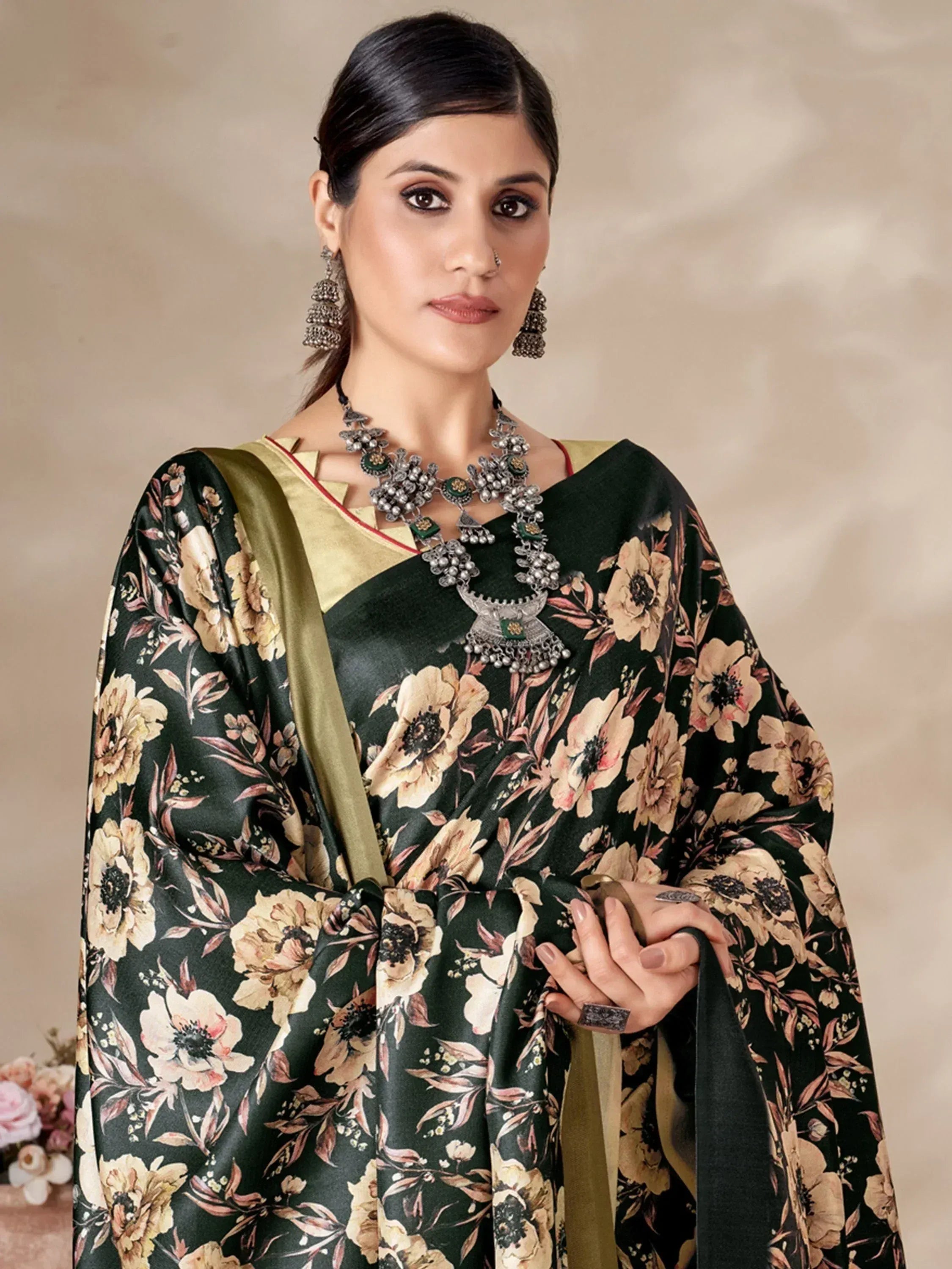 Elegant floral print salwar kameez with gold blouse, perfect for Indian ethnic wear occasions