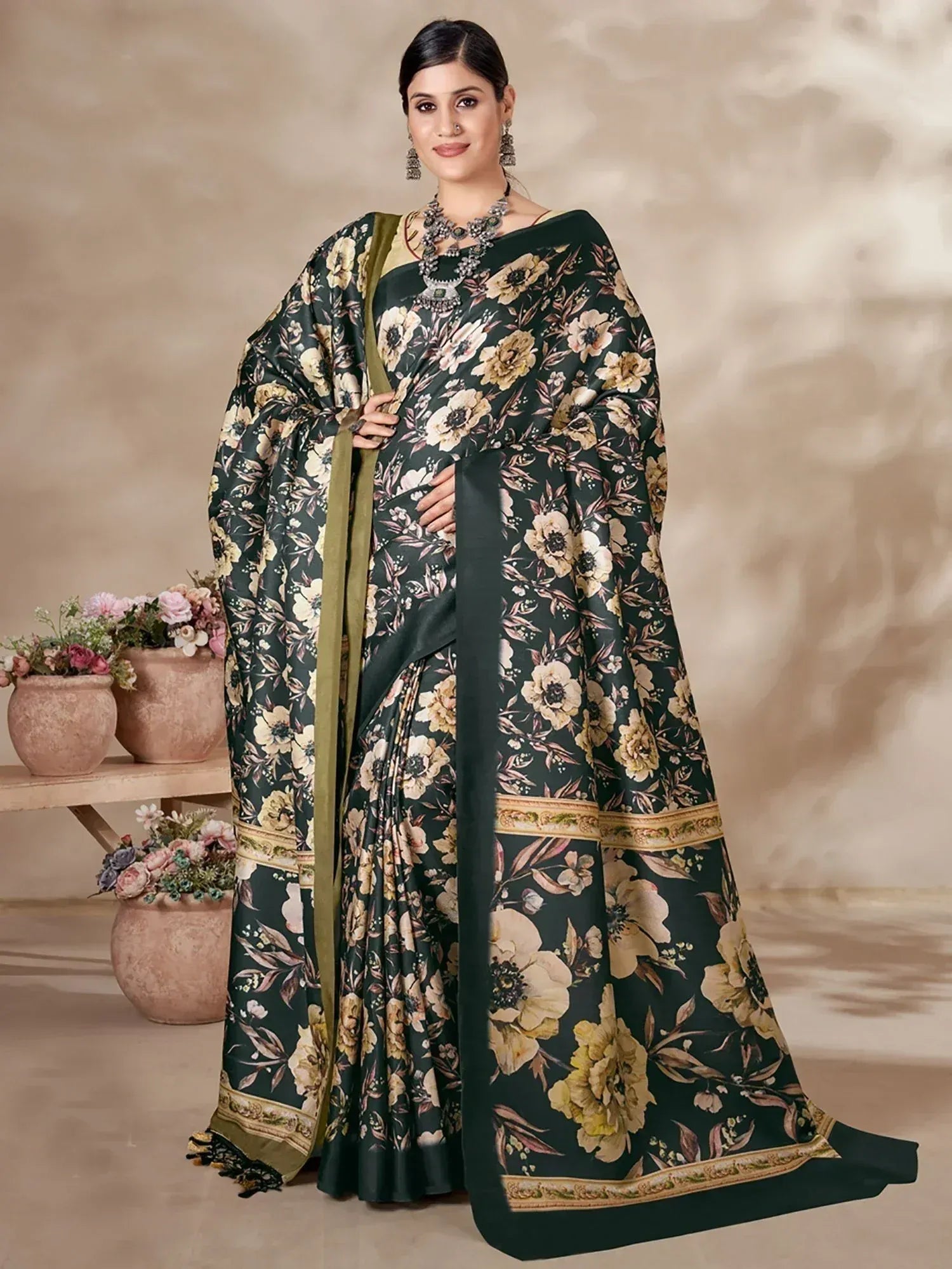Green floral print saree with gold border, Indian ethnic wear for women