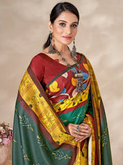 Lovely Teal Green Digital Printed Pashmina Winter Wear Saree With Shawl