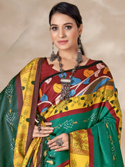 Lovely Teal Green Digital Printed Pashmina Winter Wear Saree With Shawl