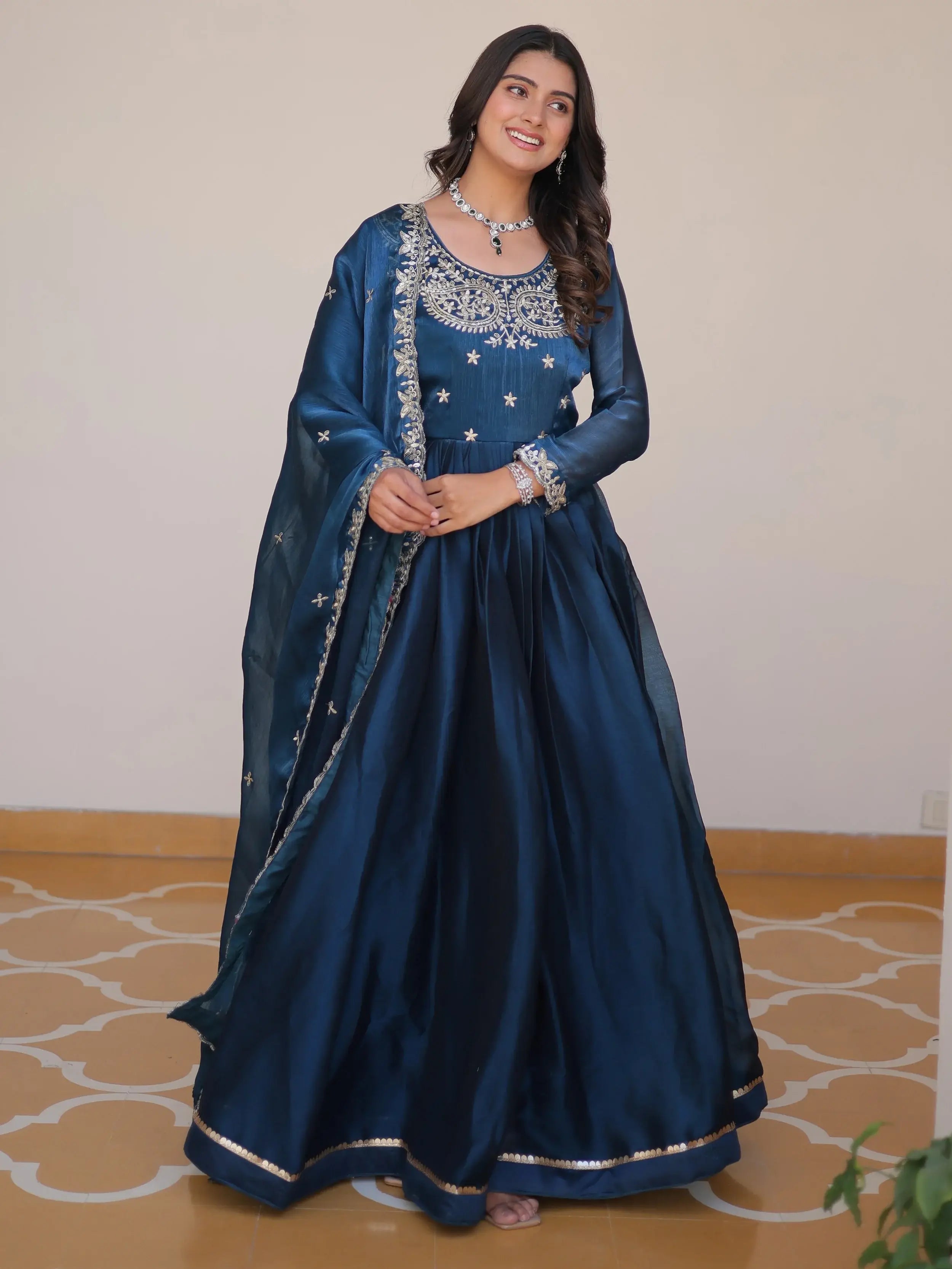 Dazzling Blue Embroidered Silk Wedding Wear Gown With Dupatta