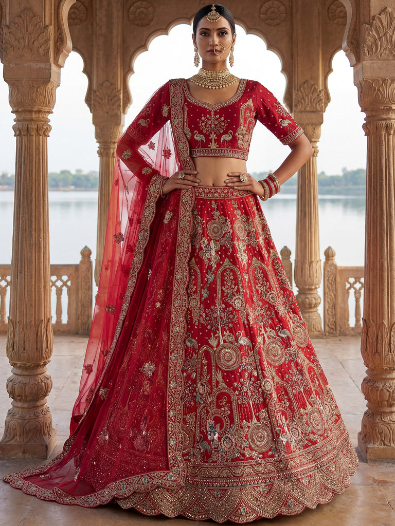 Awesome Red Embroidered Silk Bridal Lehenga Choli With Double Dupatta