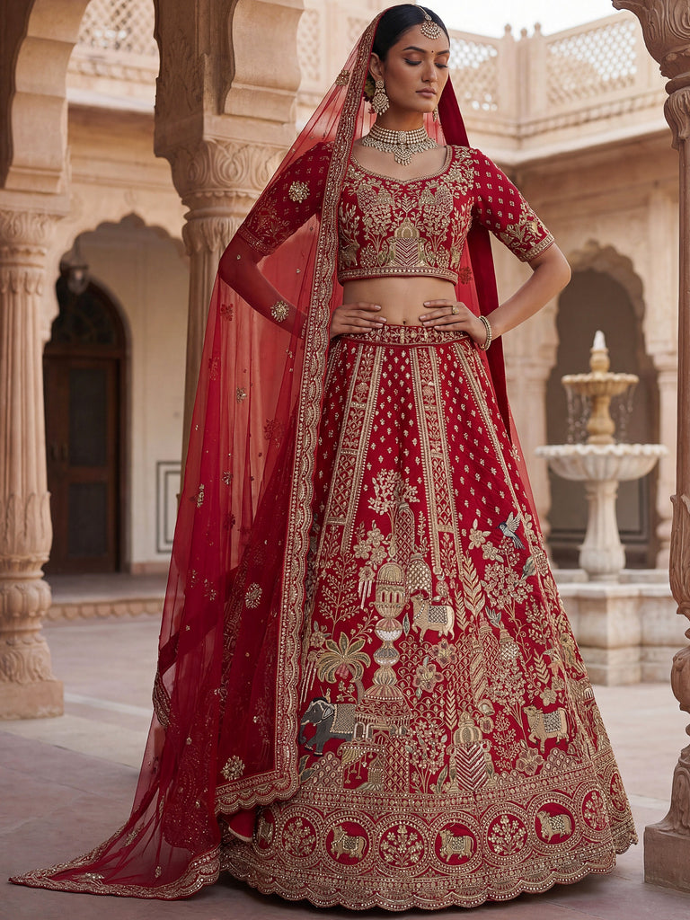 Elegant Red Embroidered Silk Bridal Lehenga Choli With Double Dupatta
