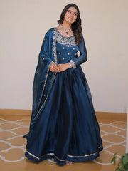 Dazzling Blue Embroidered Silk Wedding Wear Gown With Dupatta