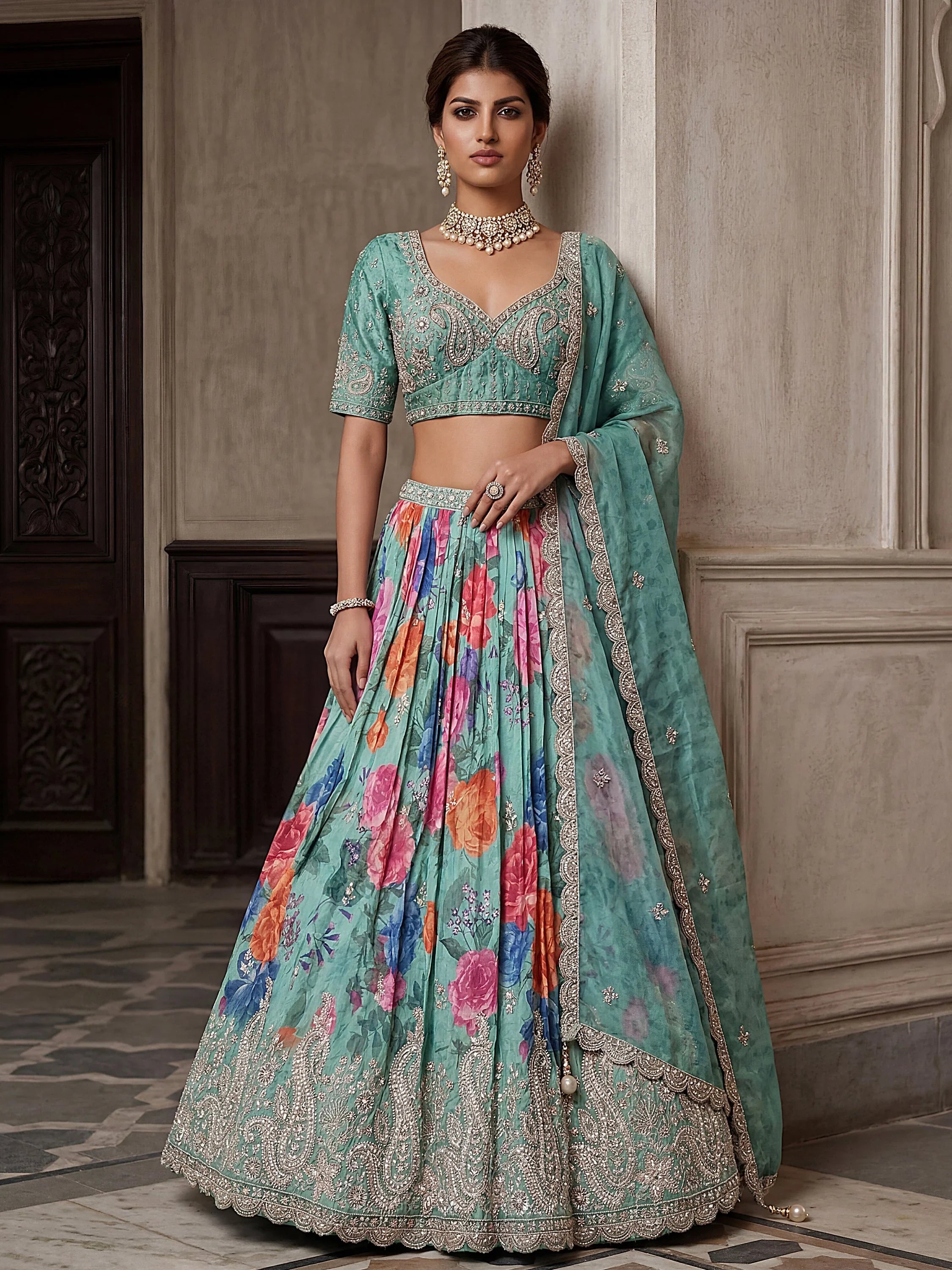 Ravishing Blue Tissue Bead Work Bridesmaid Lehenga Choli With Dupatta